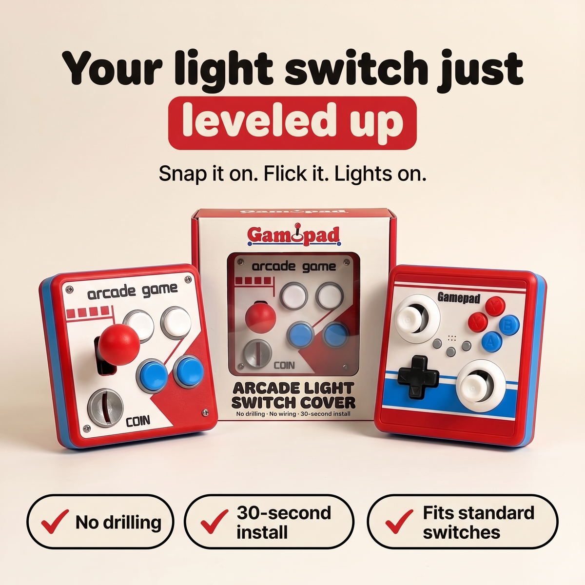 Gamopad arcade light switch covers with retail box: no drilling, 30-second install