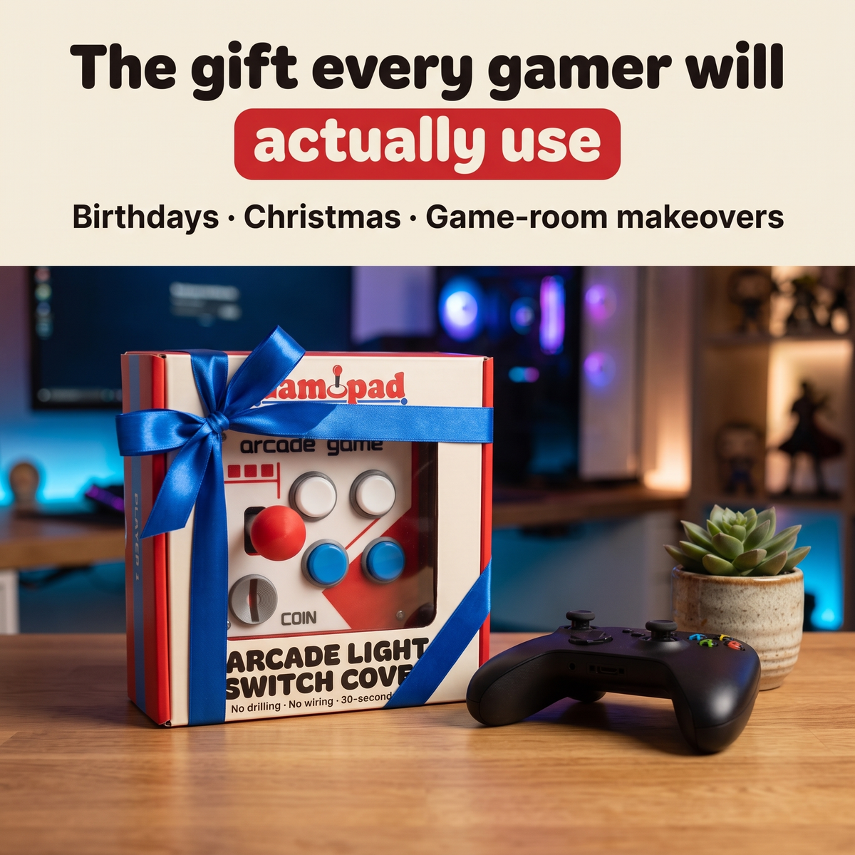Gamopad gift box with blue ribbon on a gaming desk