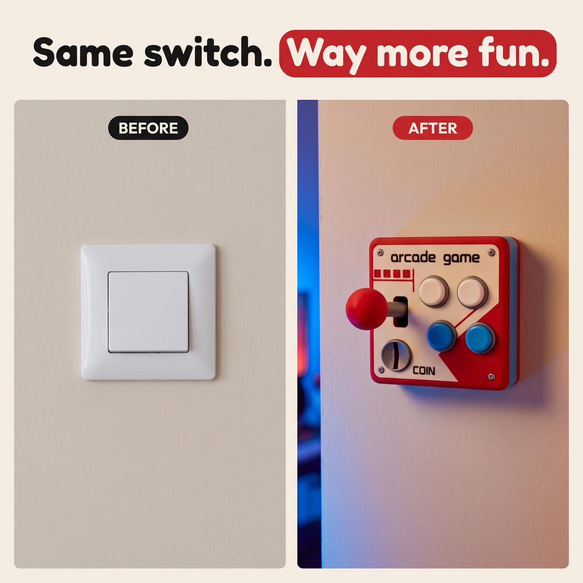 Before and after: plain light switch vs Gamopad arcade switch cover