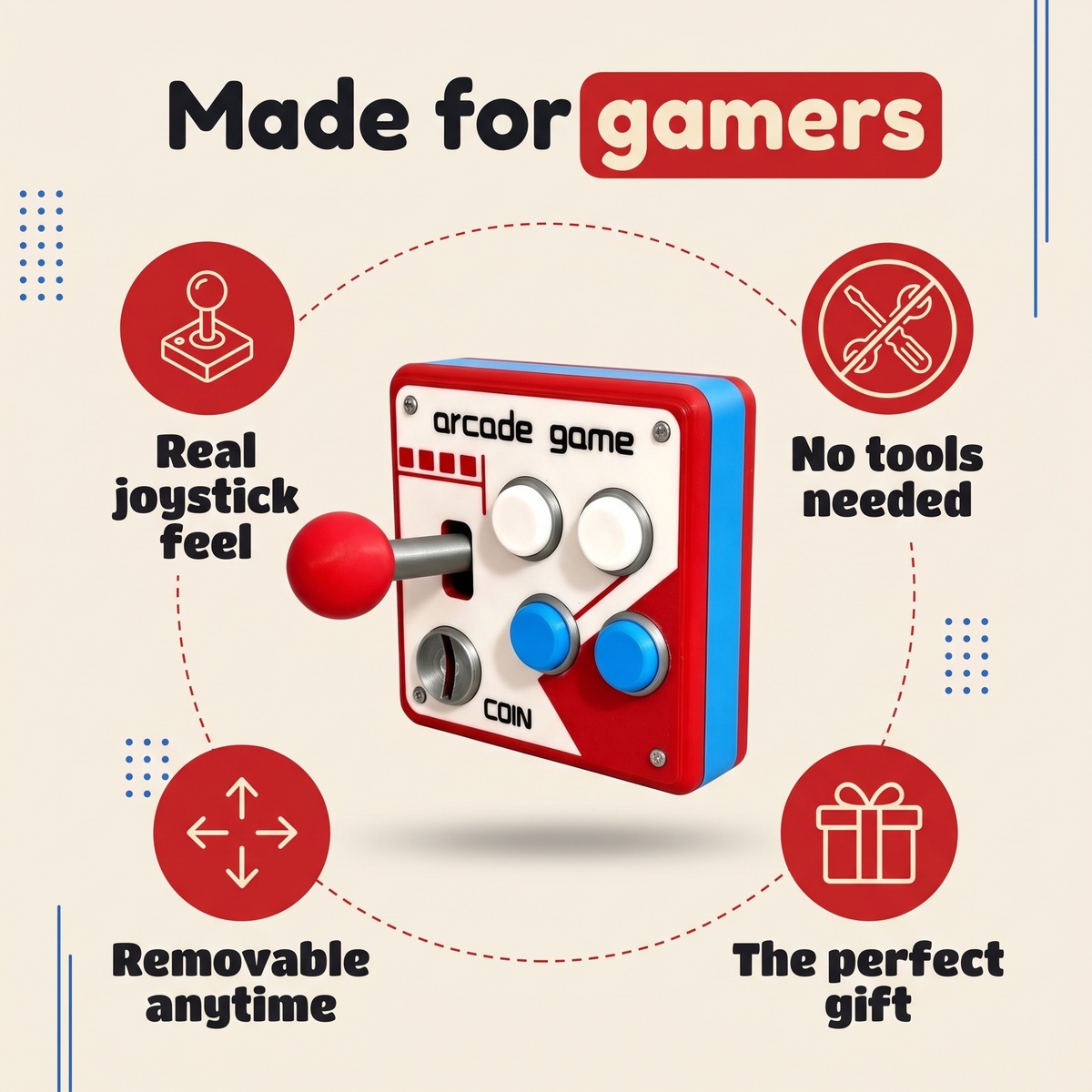 Gamopad benefits: real joystick feel, no tools, removable, perfect gift